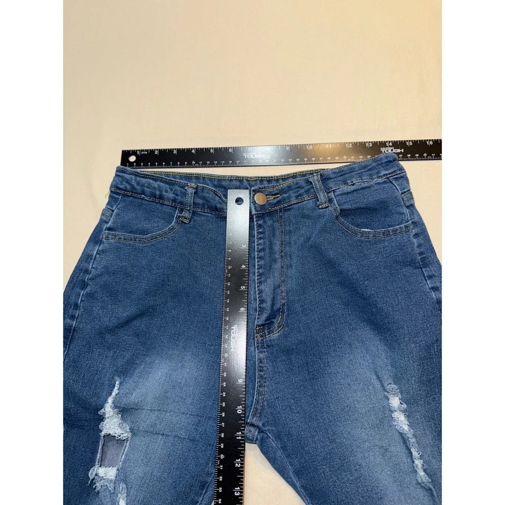 Unbranded Distressed‎ High Rise Flare Jeans Medium Wash Frayed Hem Size L